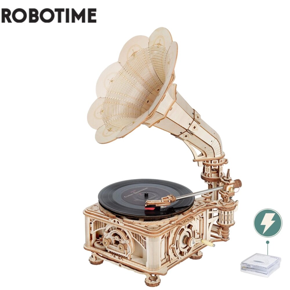 Robotime Hand Crank Classic Gramophone with Music Wooden Model Building Kit