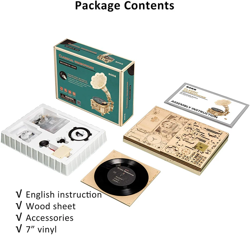 Robotime Hand Crank Classic Gramophone with Music 1:1 424pcs Wooden Model Building Kits Gift for Children Adult LKB01 Home Decor