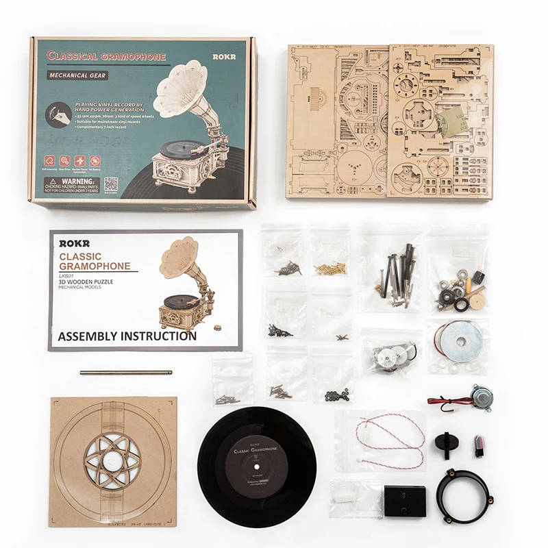 Robotime Hand Crank Classic Gramophone with Music 1:1 424pcs Wooden Model Building Kits Gift for Children Adult LKB01 Home Decor