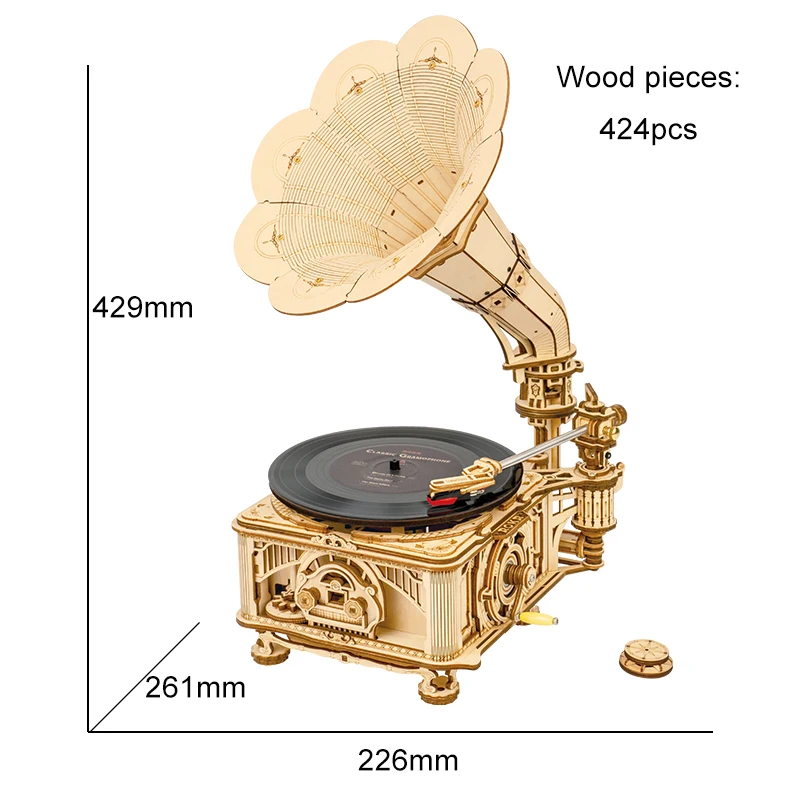 Robotime Hand Crank Classic Gramophone with Music 1:1 424pcs Wooden Model Building Kits Gift for Children Adult LKB01 Home Decor