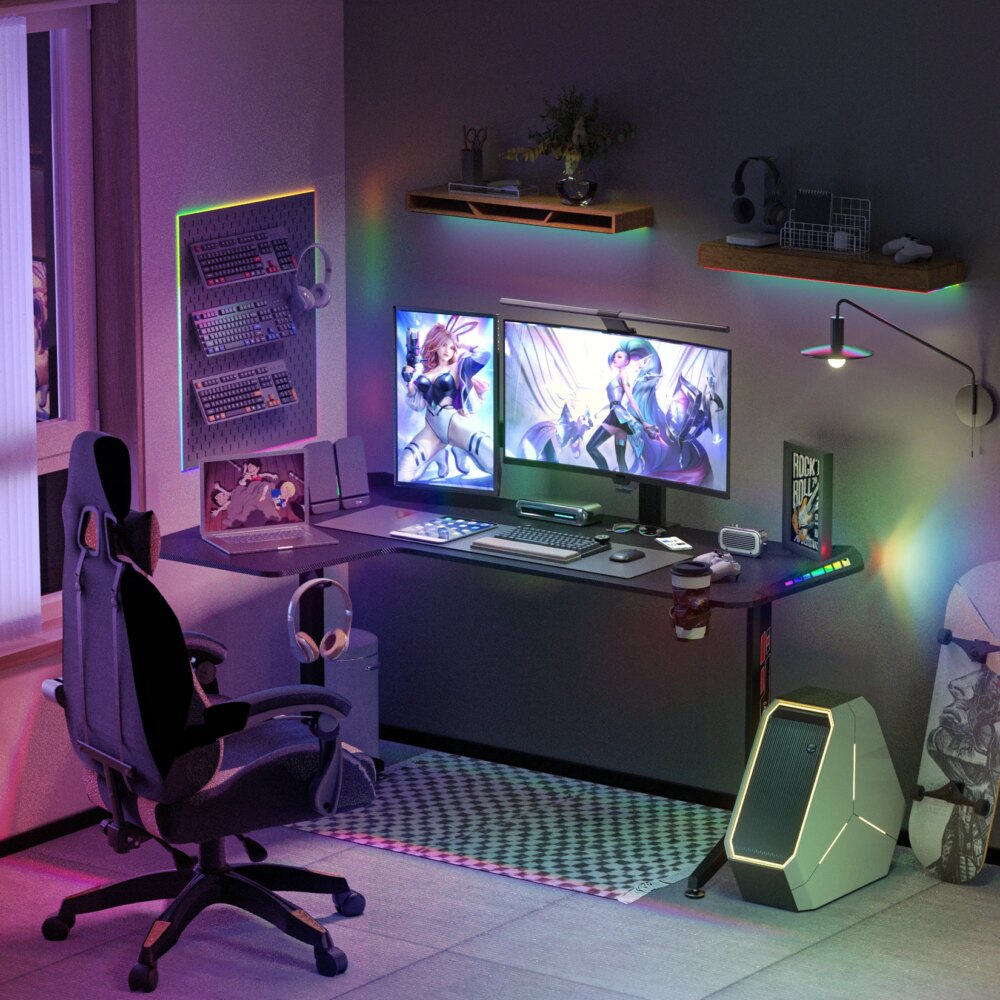60 Inch Large Standing L Shaped Gaming Desk with RGB LED Lights - Image 2